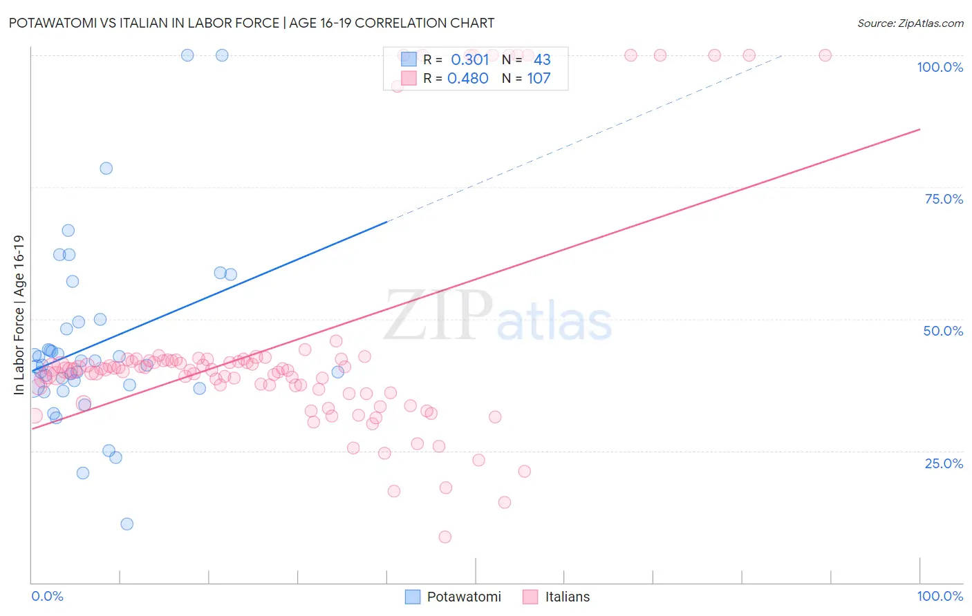 Potawatomi vs Italian In Labor Force | Age 16-19