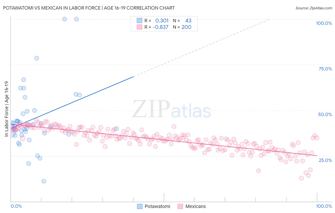 Potawatomi vs Mexican In Labor Force | Age 16-19