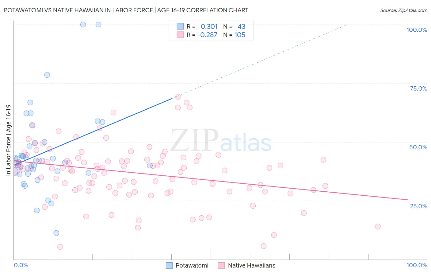 Potawatomi vs Native Hawaiian In Labor Force | Age 16-19