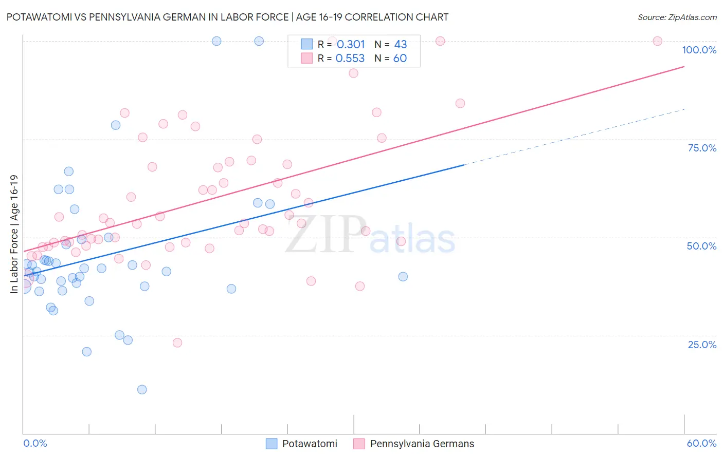 Potawatomi vs Pennsylvania German In Labor Force | Age 16-19