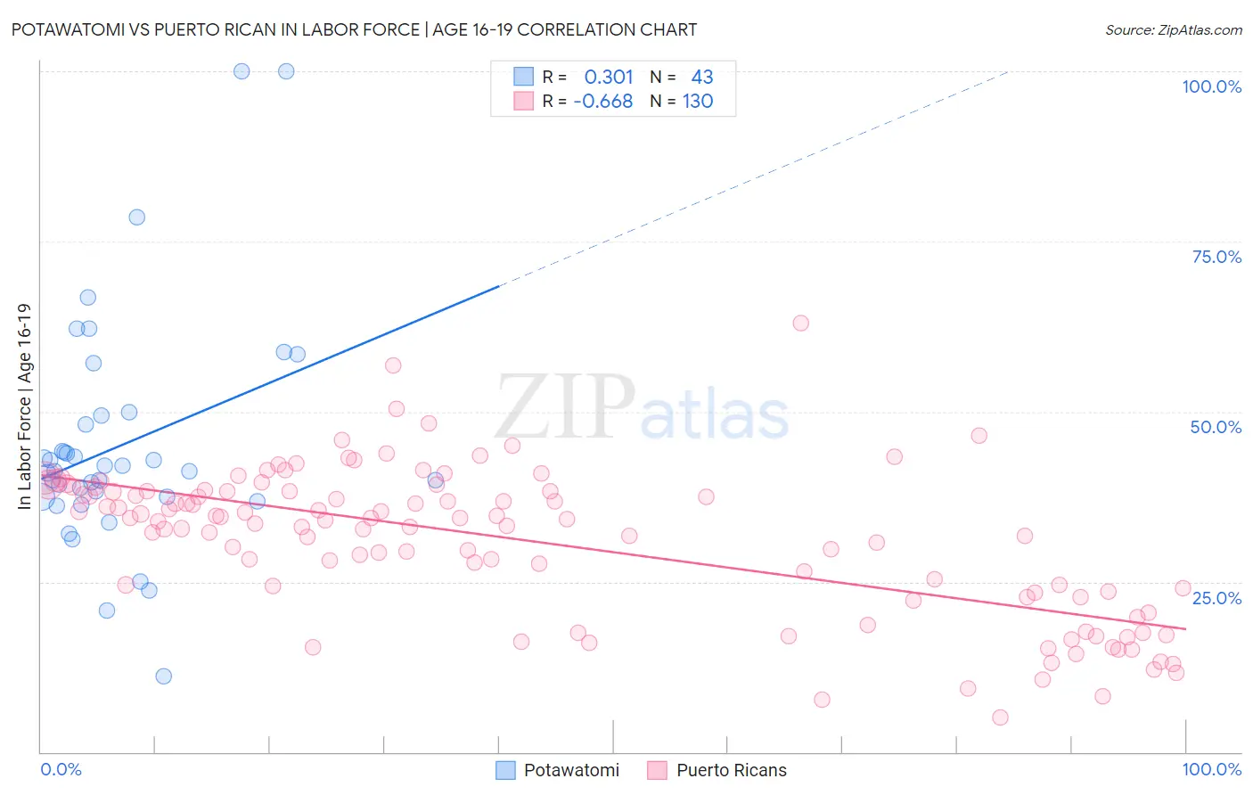Potawatomi vs Puerto Rican In Labor Force | Age 16-19