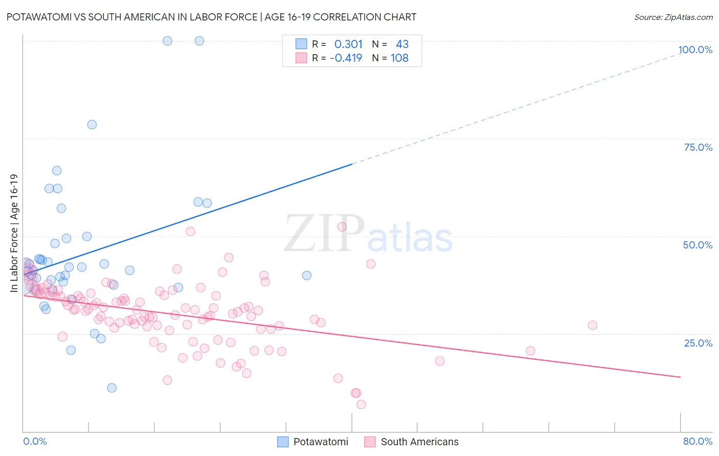 Potawatomi vs South American In Labor Force | Age 16-19