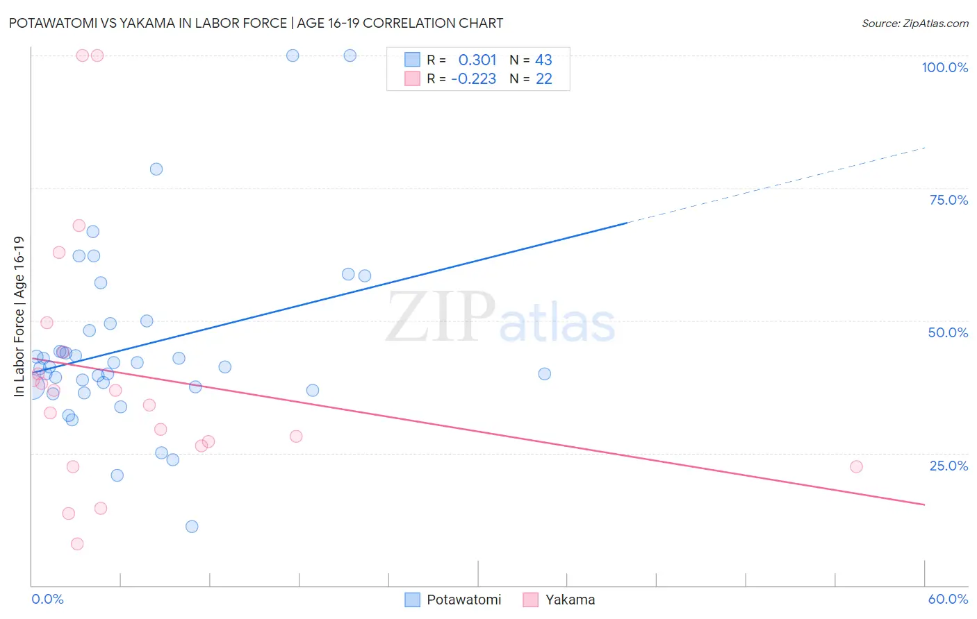 Potawatomi vs Yakama In Labor Force | Age 16-19