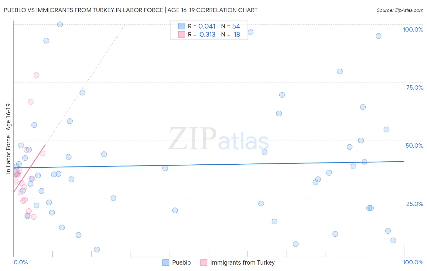Pueblo vs Immigrants from Turkey In Labor Force | Age 16-19