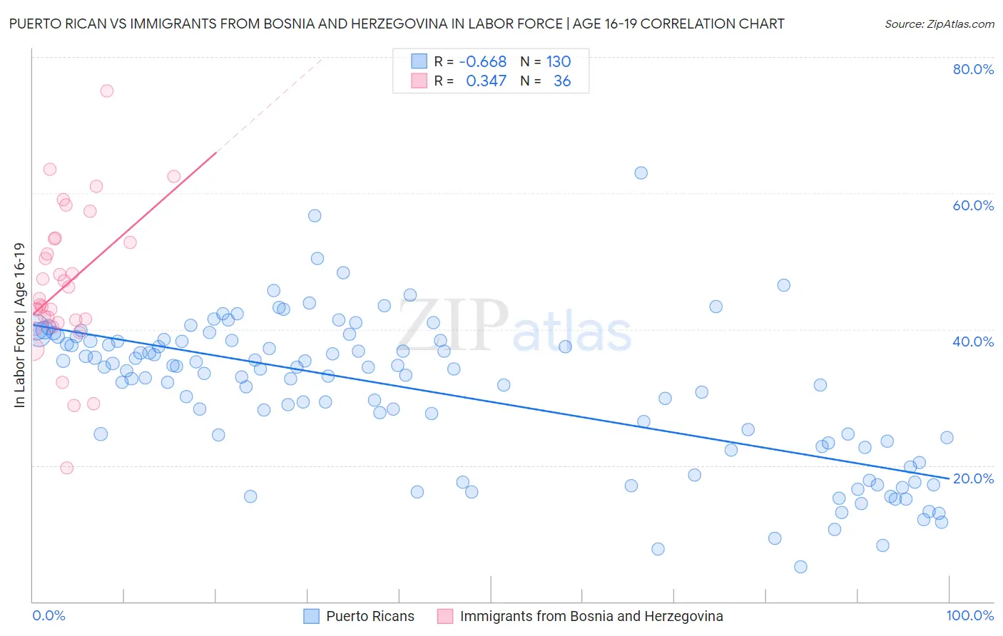 Puerto Rican vs Immigrants from Bosnia and Herzegovina In Labor Force | Age 16-19