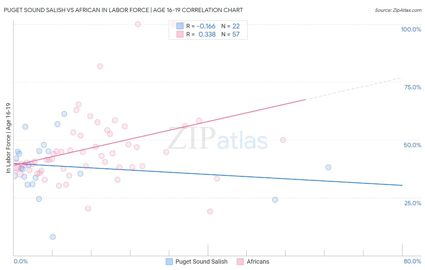 Puget Sound Salish vs African In Labor Force | Age 16-19