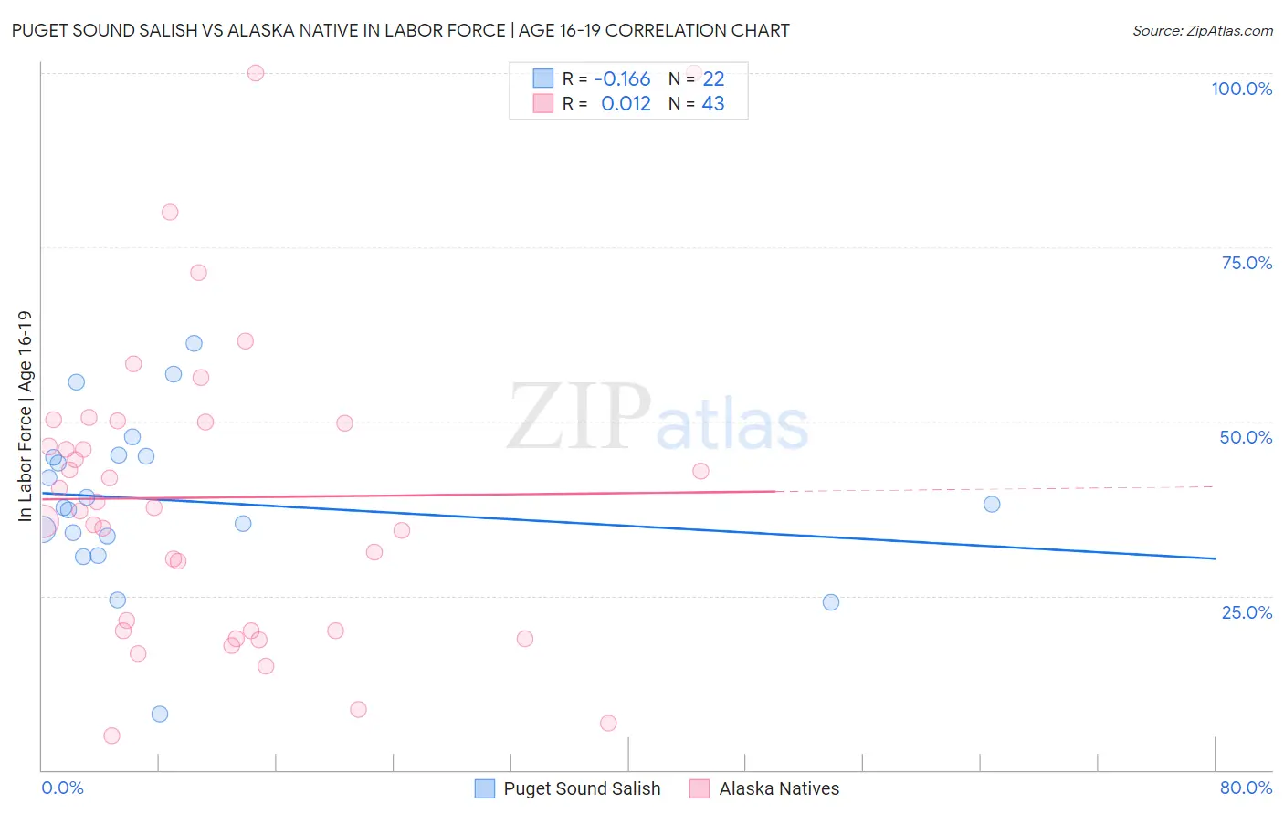 Puget Sound Salish vs Alaska Native In Labor Force | Age 16-19