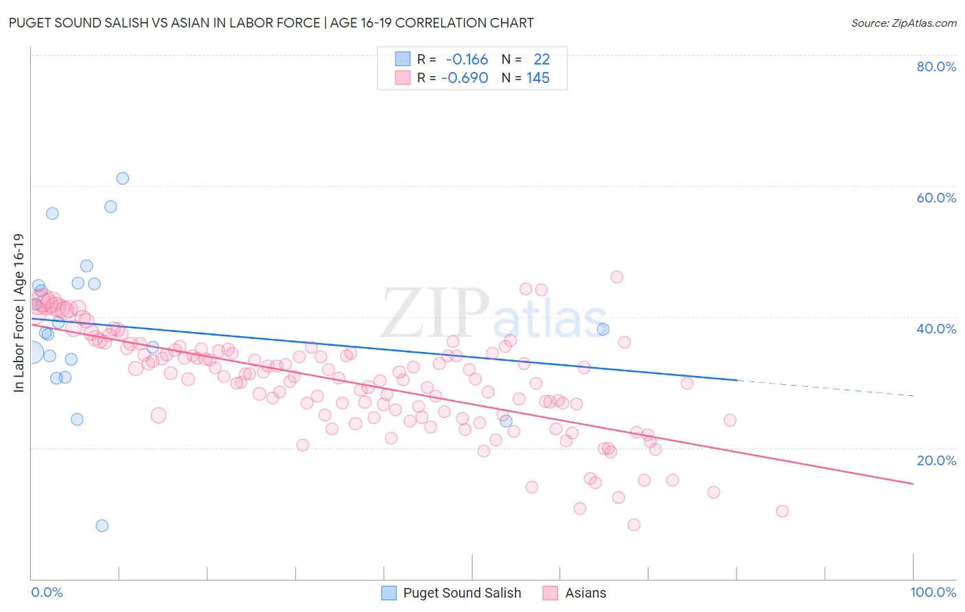 Puget Sound Salish vs Asian In Labor Force | Age 16-19