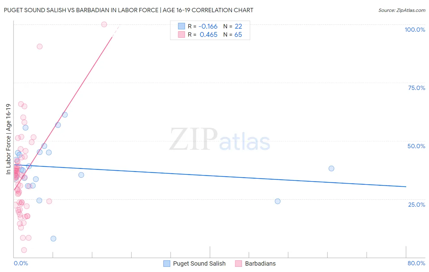 Puget Sound Salish vs Barbadian In Labor Force | Age 16-19