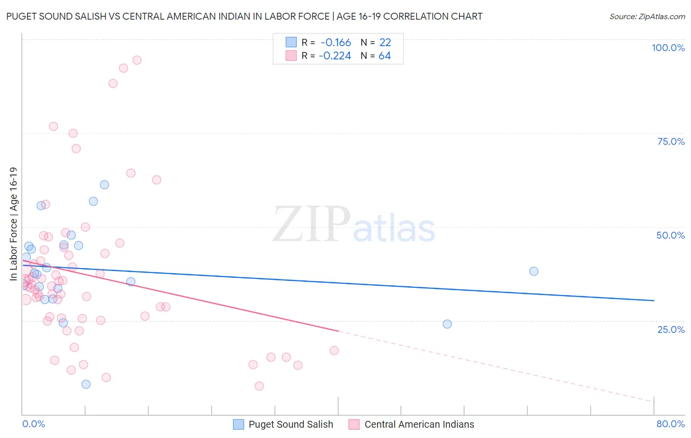 Puget Sound Salish vs Central American Indian In Labor Force | Age 16-19