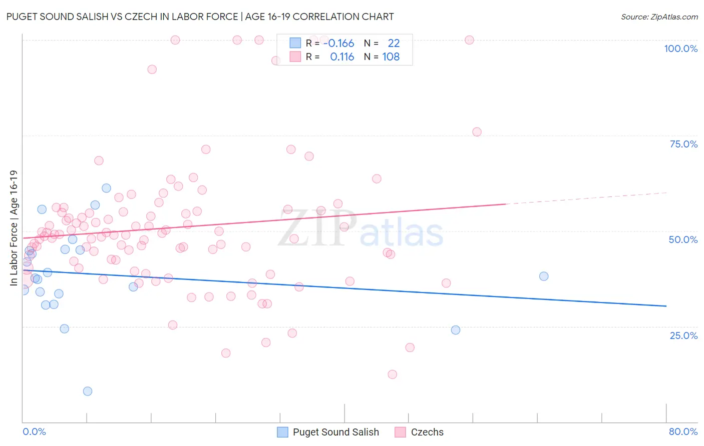 Puget Sound Salish vs Czech In Labor Force | Age 16-19