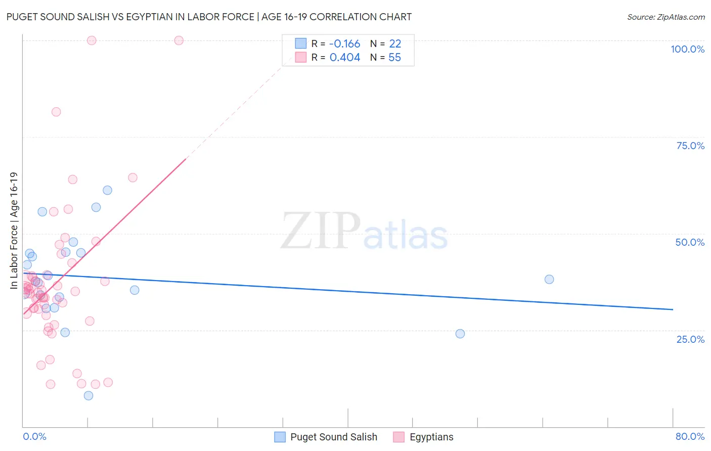 Puget Sound Salish vs Egyptian In Labor Force | Age 16-19