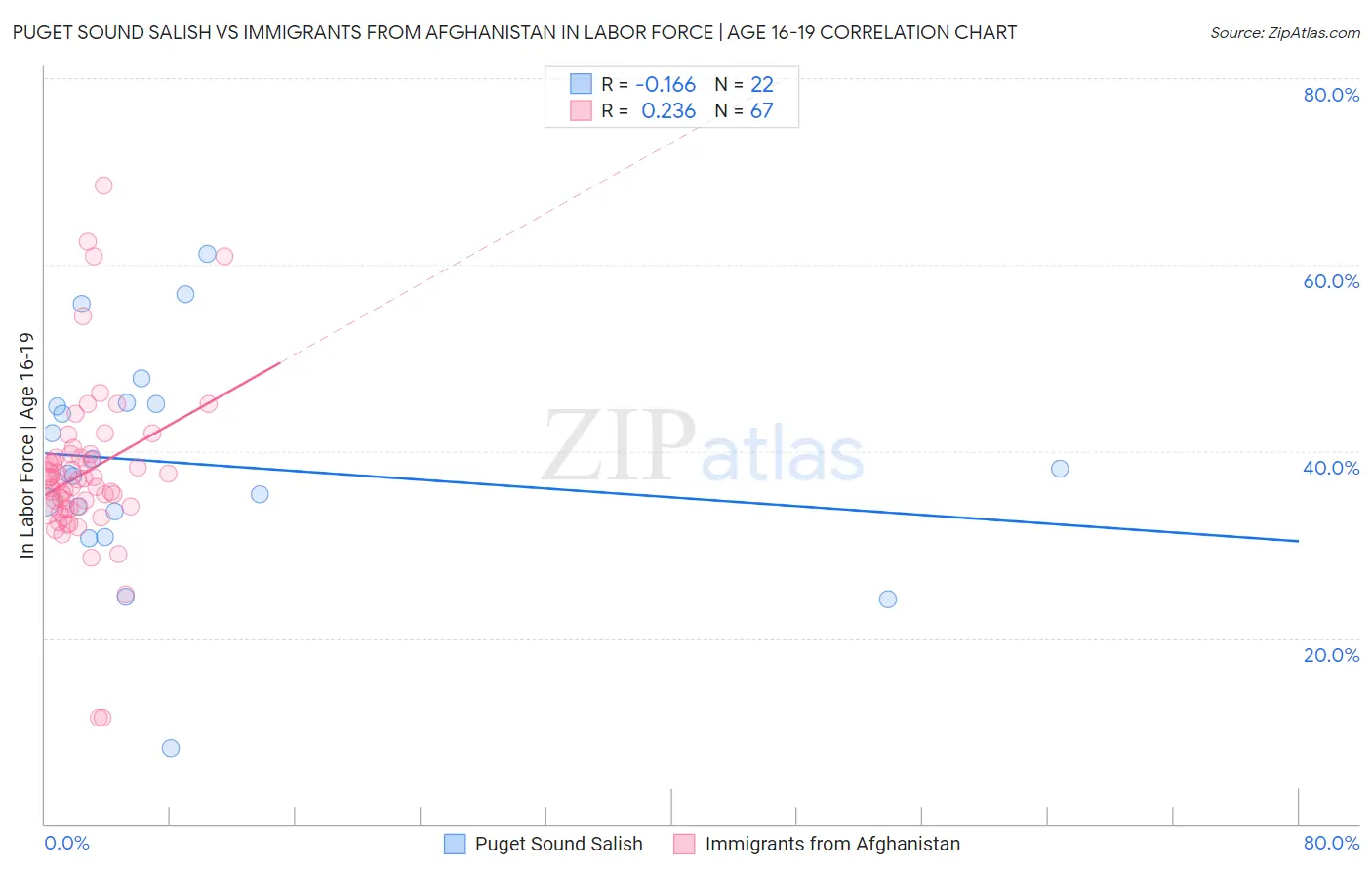 Puget Sound Salish vs Immigrants from Afghanistan In Labor Force | Age 16-19