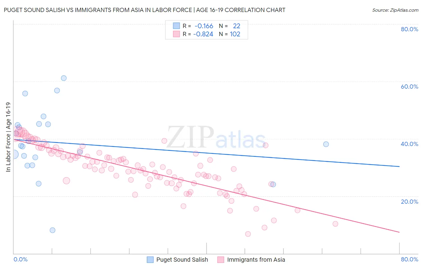 Puget Sound Salish vs Immigrants from Asia In Labor Force | Age 16-19