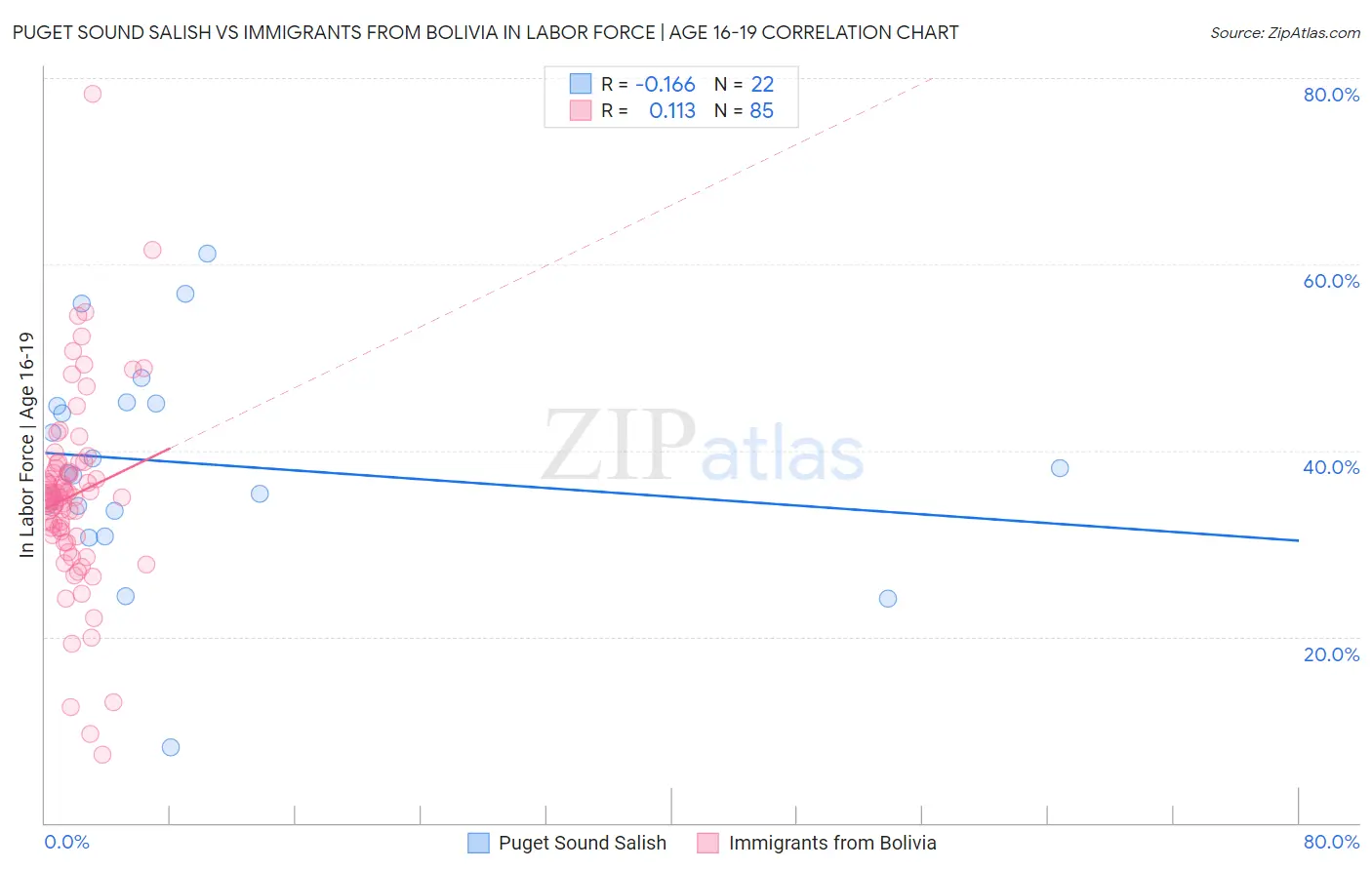 Puget Sound Salish vs Immigrants from Bolivia In Labor Force | Age 16-19