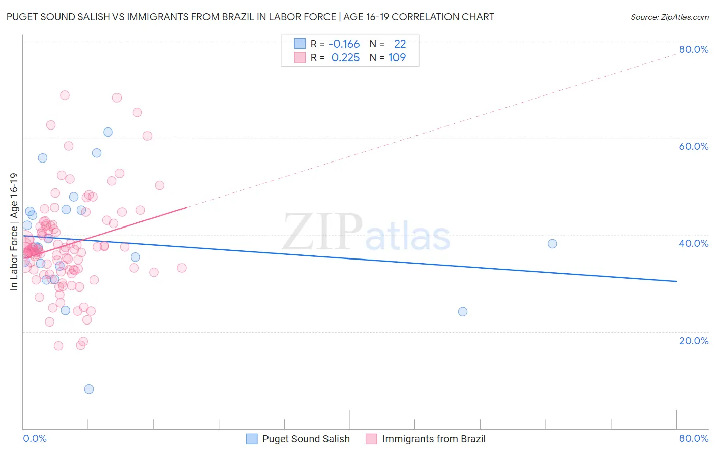 Puget Sound Salish vs Immigrants from Brazil In Labor Force | Age 16-19