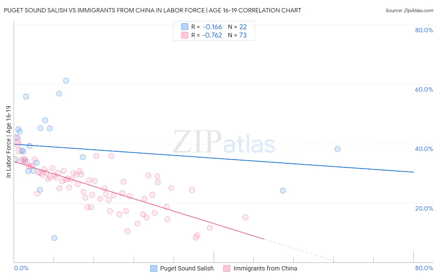 Puget Sound Salish vs Immigrants from China In Labor Force | Age 16-19