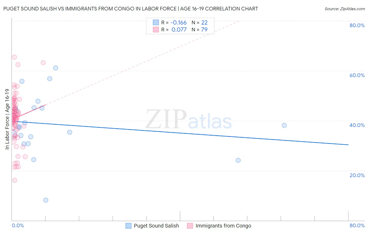Puget Sound Salish vs Immigrants from Congo In Labor Force | Age 16-19