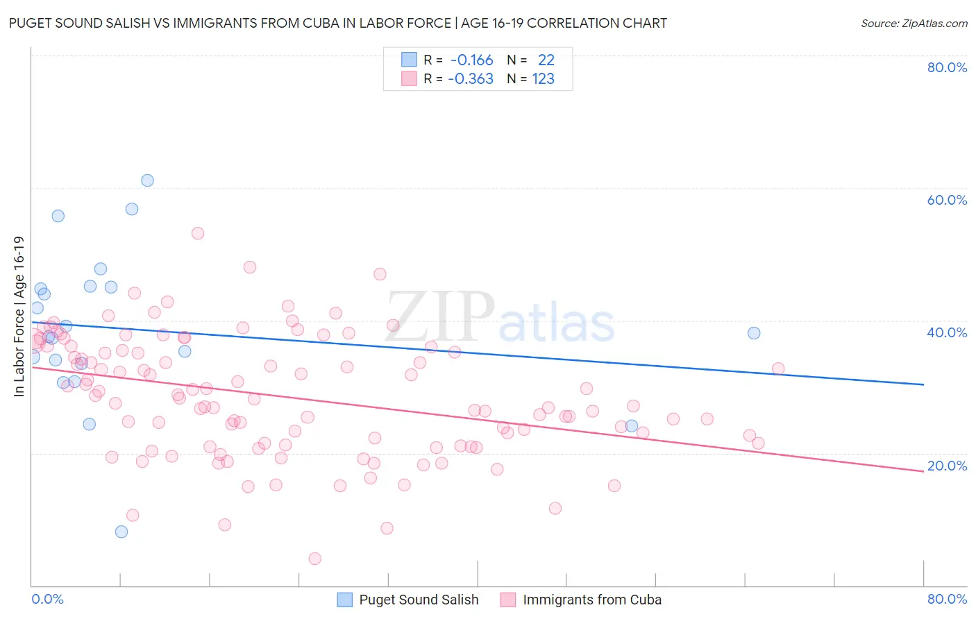 Puget Sound Salish vs Immigrants from Cuba In Labor Force | Age 16-19