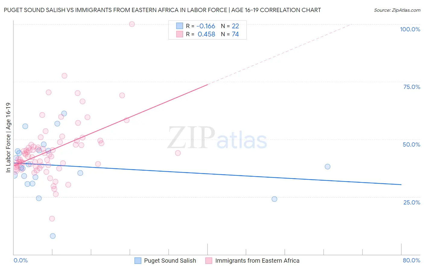 Puget Sound Salish vs Immigrants from Eastern Africa In Labor Force | Age 16-19