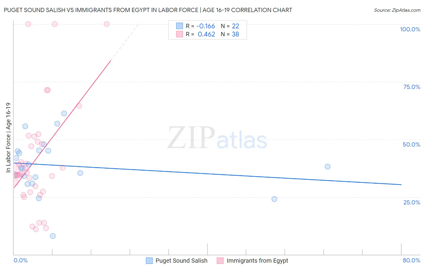 Puget Sound Salish vs Immigrants from Egypt In Labor Force | Age 16-19