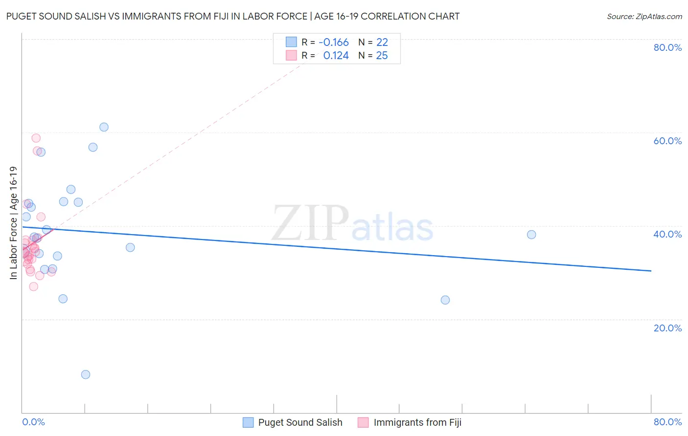Puget Sound Salish vs Immigrants from Fiji In Labor Force | Age 16-19