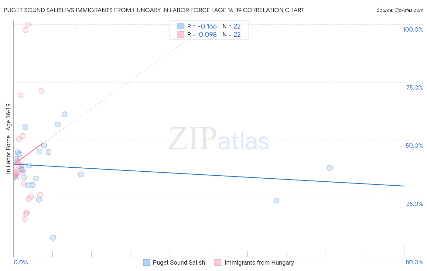 Puget Sound Salish vs Immigrants from Hungary In Labor Force | Age 16-19