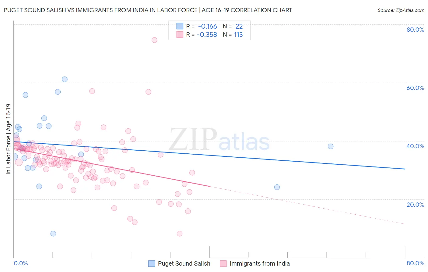 Puget Sound Salish vs Immigrants from India In Labor Force | Age 16-19