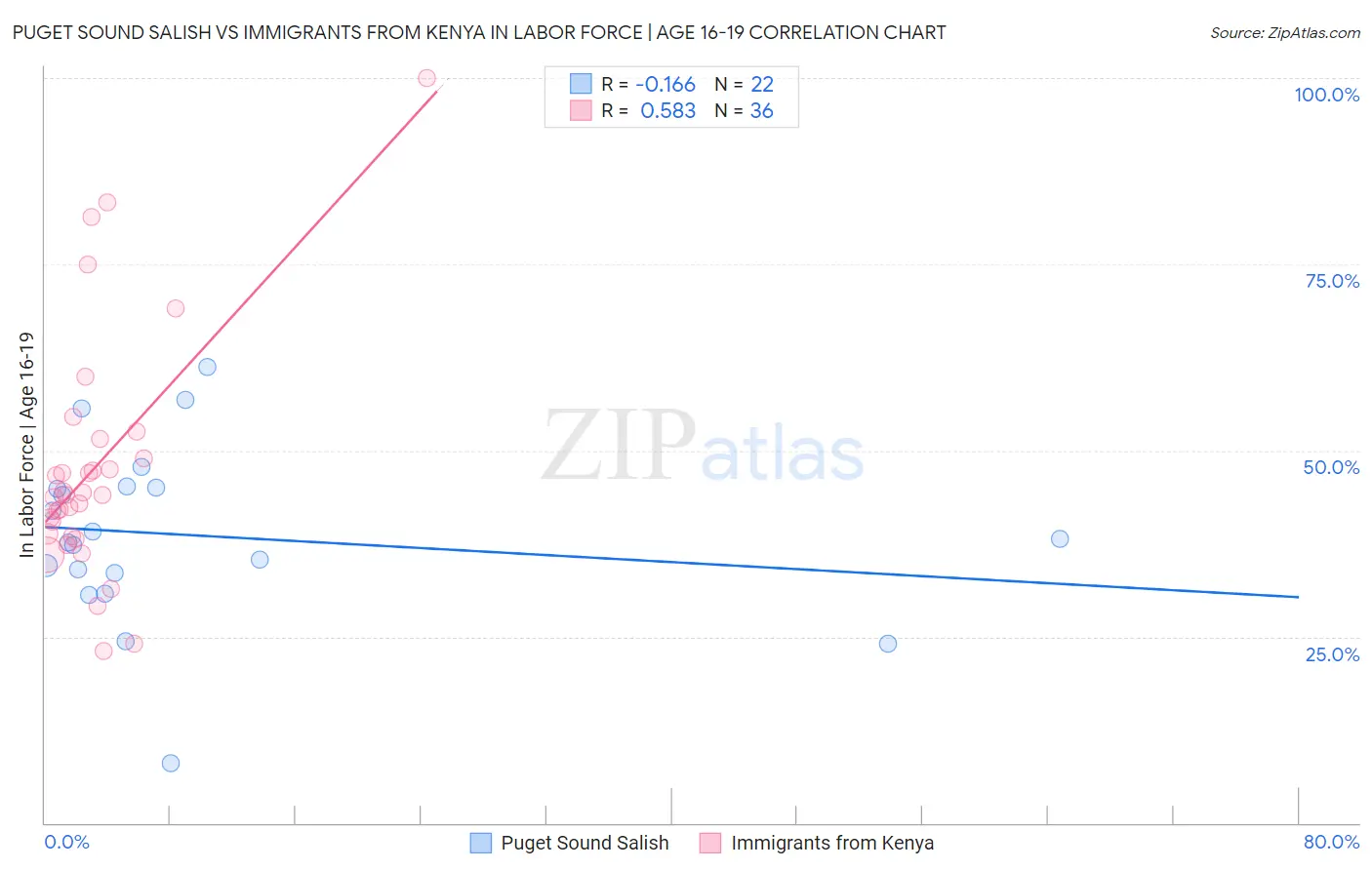 Puget Sound Salish vs Immigrants from Kenya In Labor Force | Age 16-19
