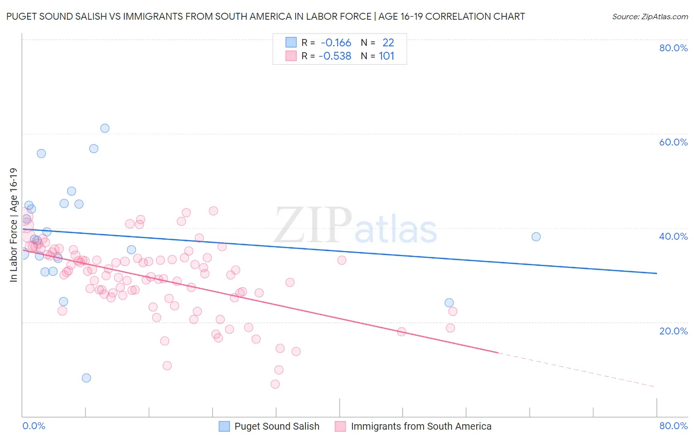 Puget Sound Salish vs Immigrants from South America In Labor Force | Age 16-19