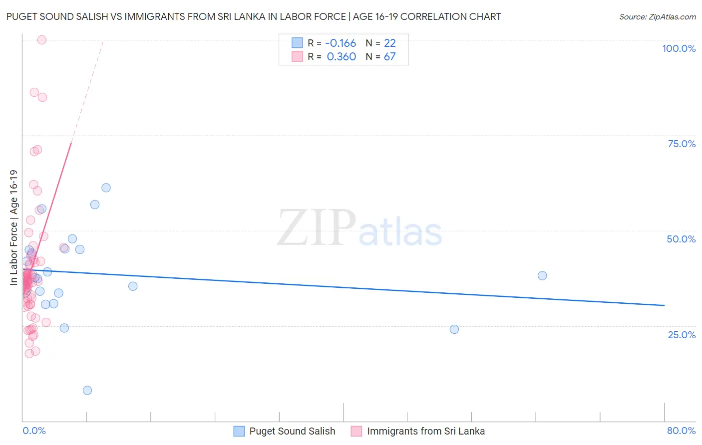 Puget Sound Salish vs Immigrants from Sri Lanka In Labor Force | Age 16-19