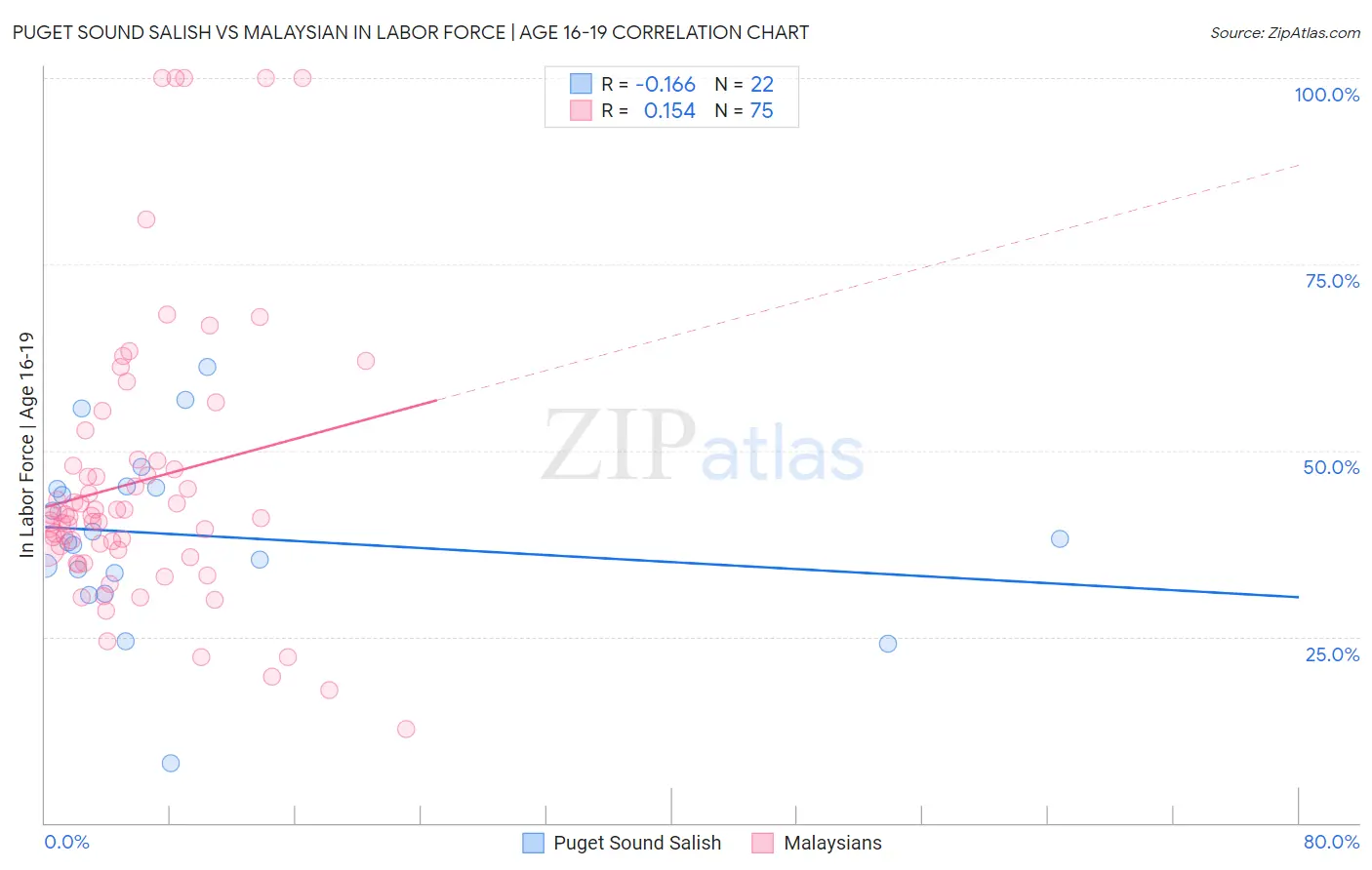 Puget Sound Salish vs Malaysian In Labor Force | Age 16-19