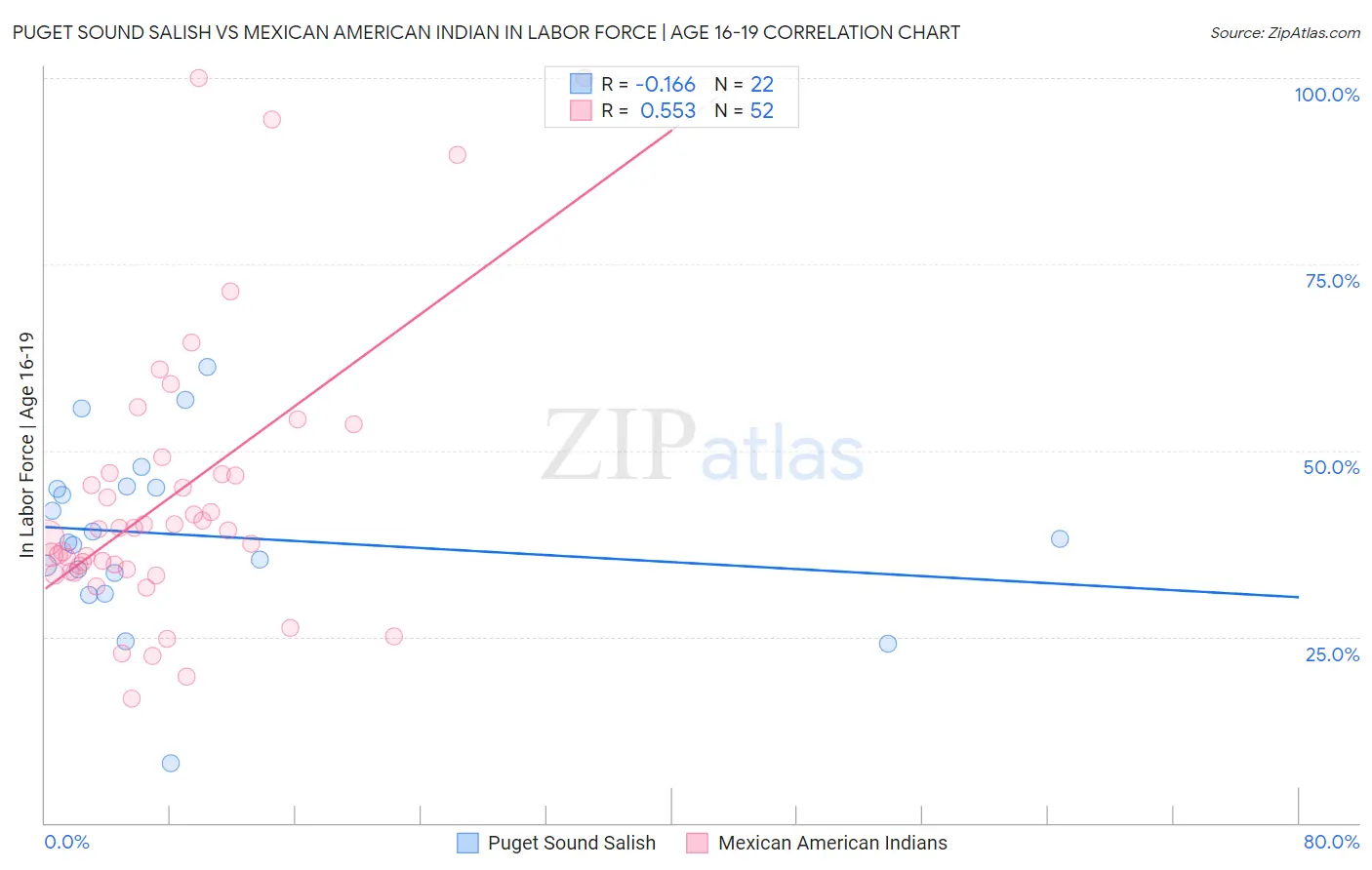 Puget Sound Salish vs Mexican American Indian In Labor Force | Age 16-19