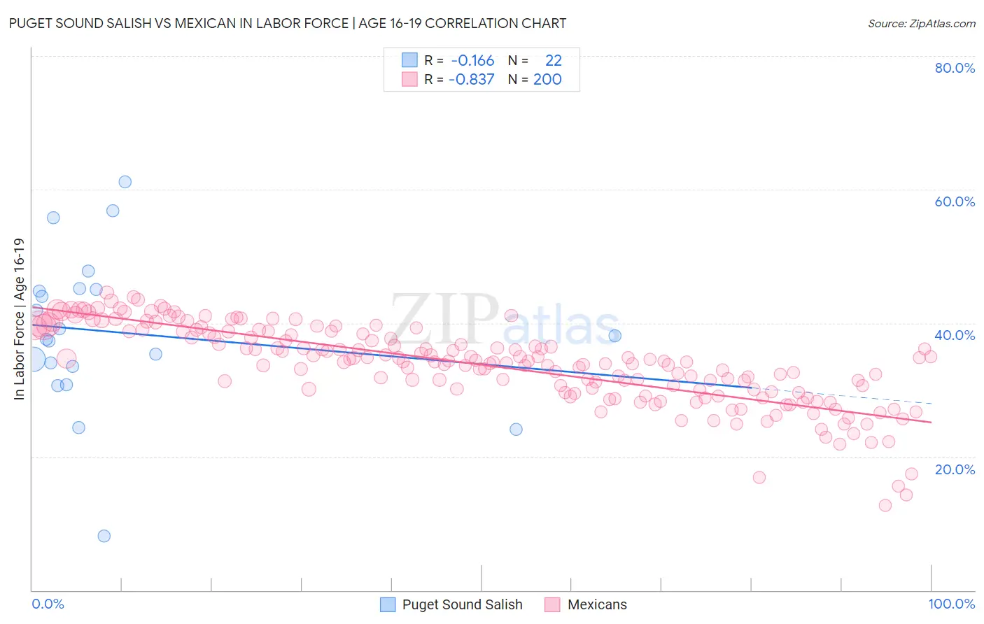 Puget Sound Salish vs Mexican In Labor Force | Age 16-19