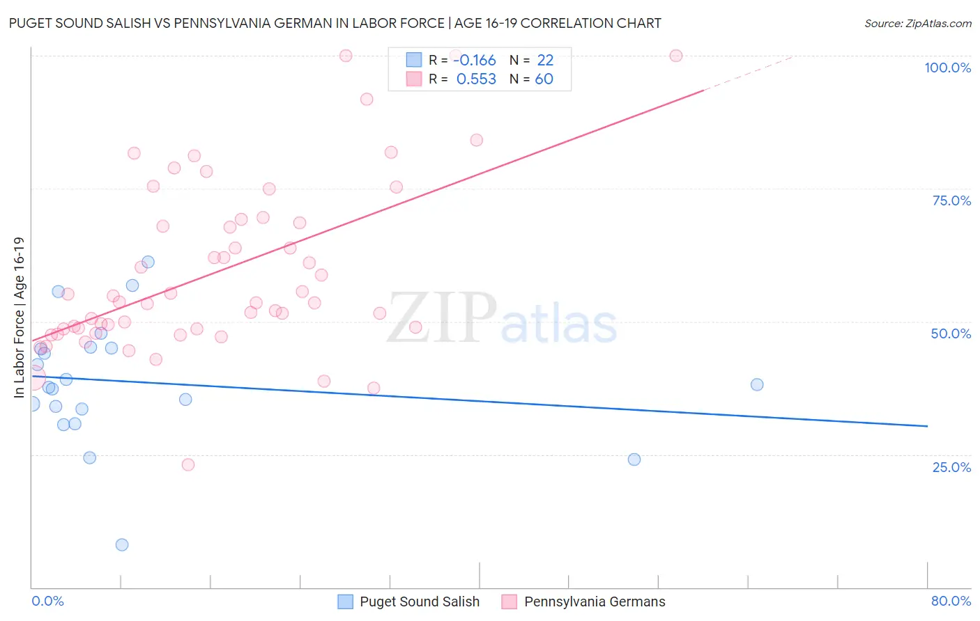 Puget Sound Salish vs Pennsylvania German In Labor Force | Age 16-19