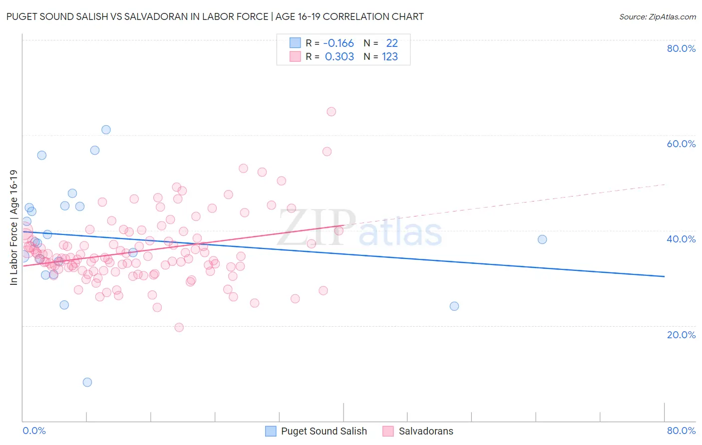 Puget Sound Salish vs Salvadoran In Labor Force | Age 16-19