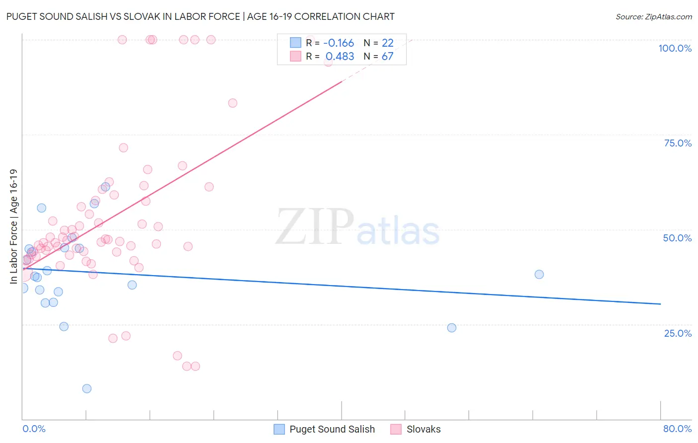 Puget Sound Salish vs Slovak In Labor Force | Age 16-19