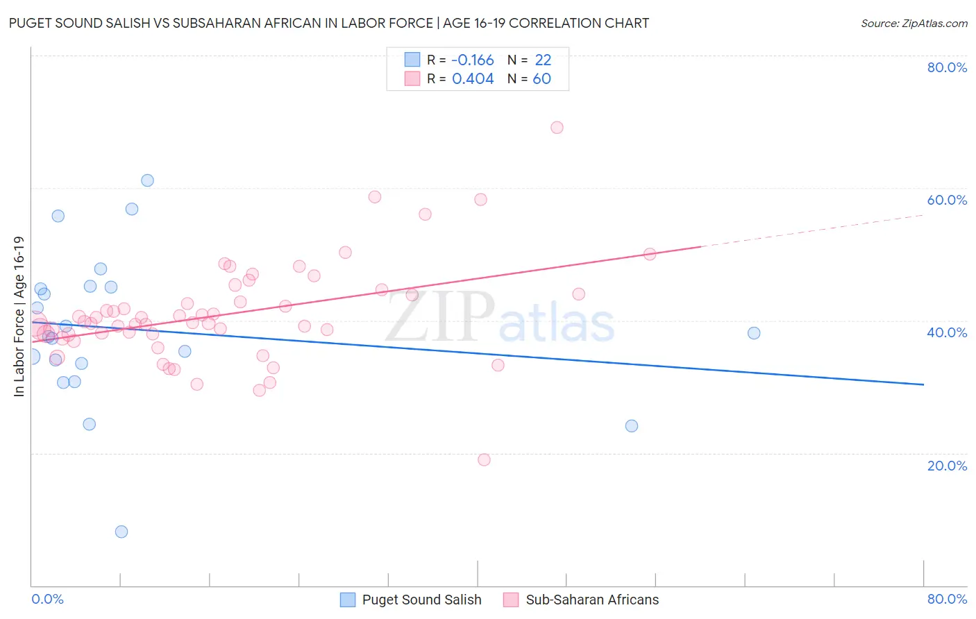 Puget Sound Salish vs Subsaharan African In Labor Force | Age 16-19