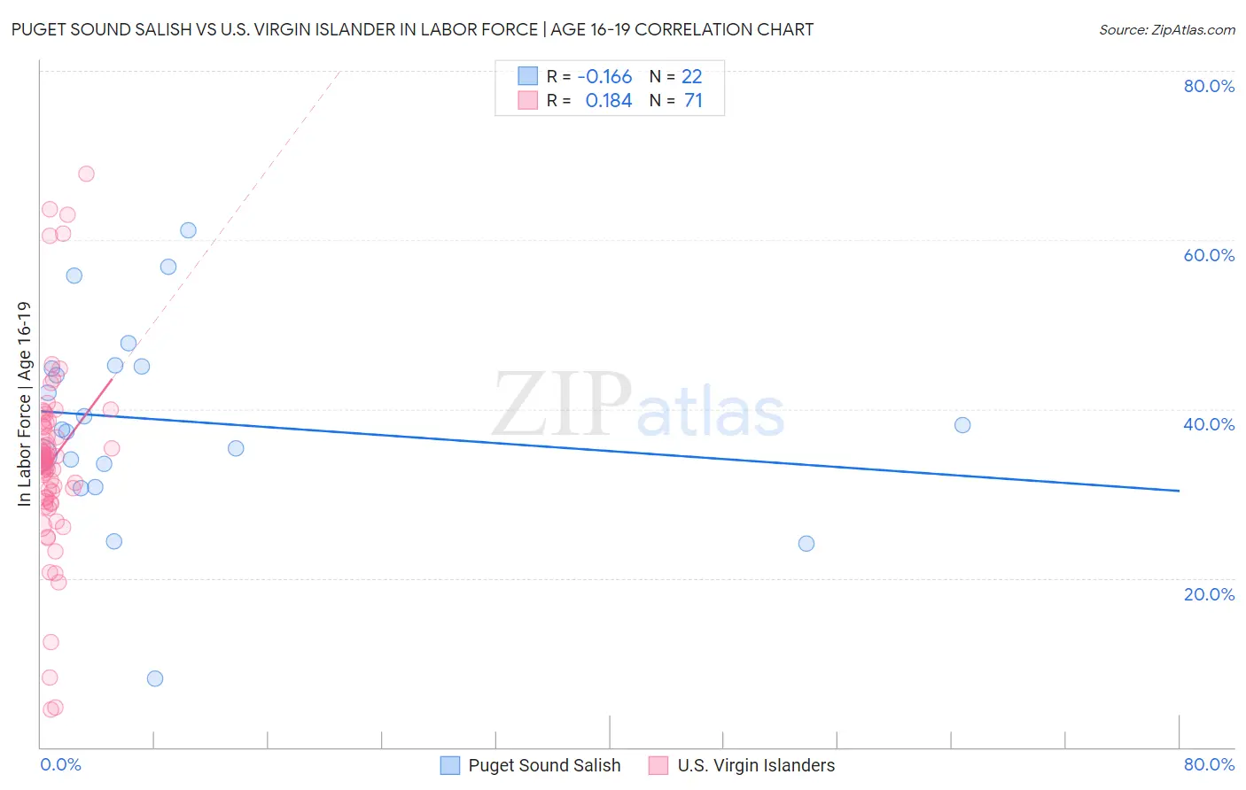 Puget Sound Salish vs U.S. Virgin Islander In Labor Force | Age 16-19