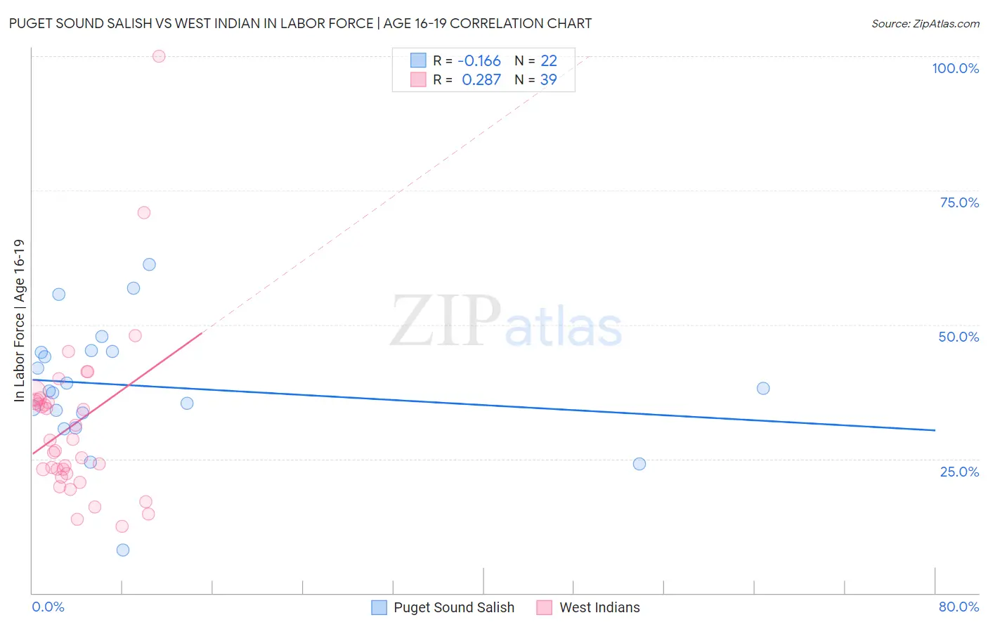 Puget Sound Salish vs West Indian In Labor Force | Age 16-19