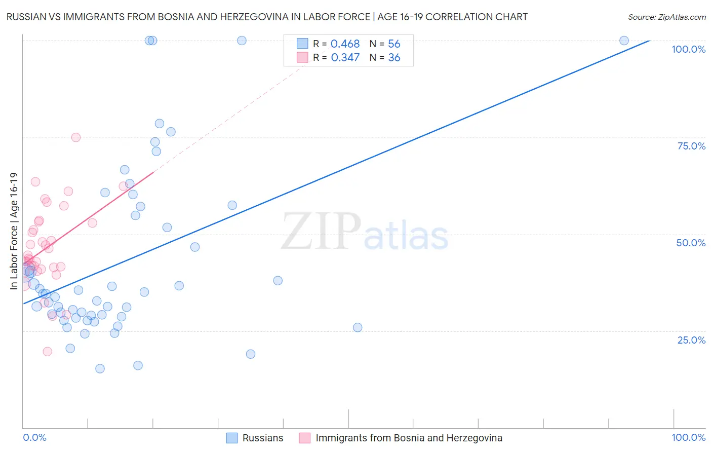Russian vs Immigrants from Bosnia and Herzegovina In Labor Force | Age 16-19