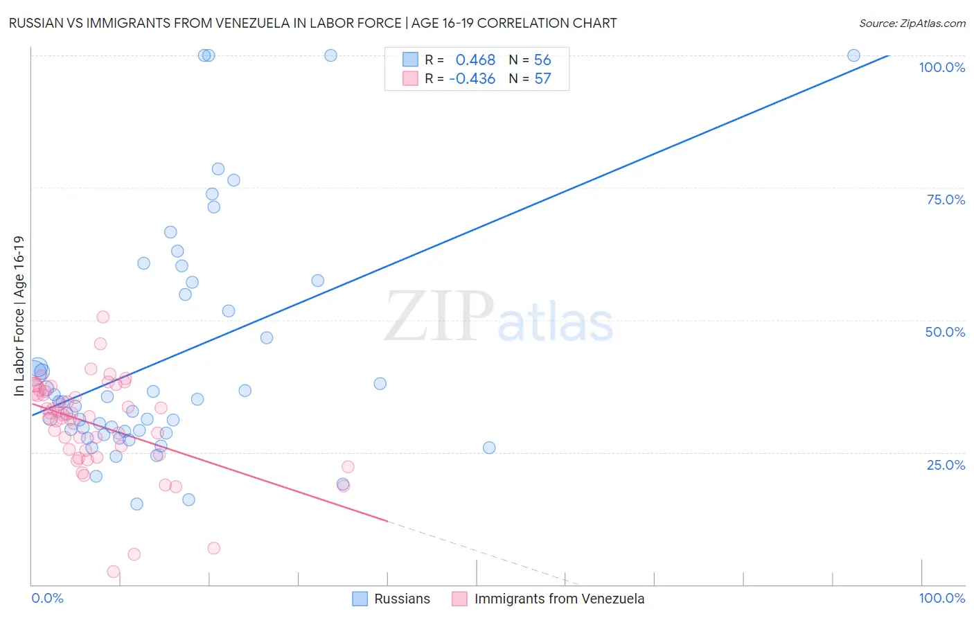 Russian vs Immigrants from Venezuela In Labor Force | Age 16-19