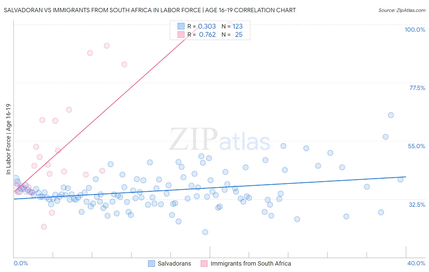 Salvadoran vs Immigrants from South Africa In Labor Force | Age 16-19