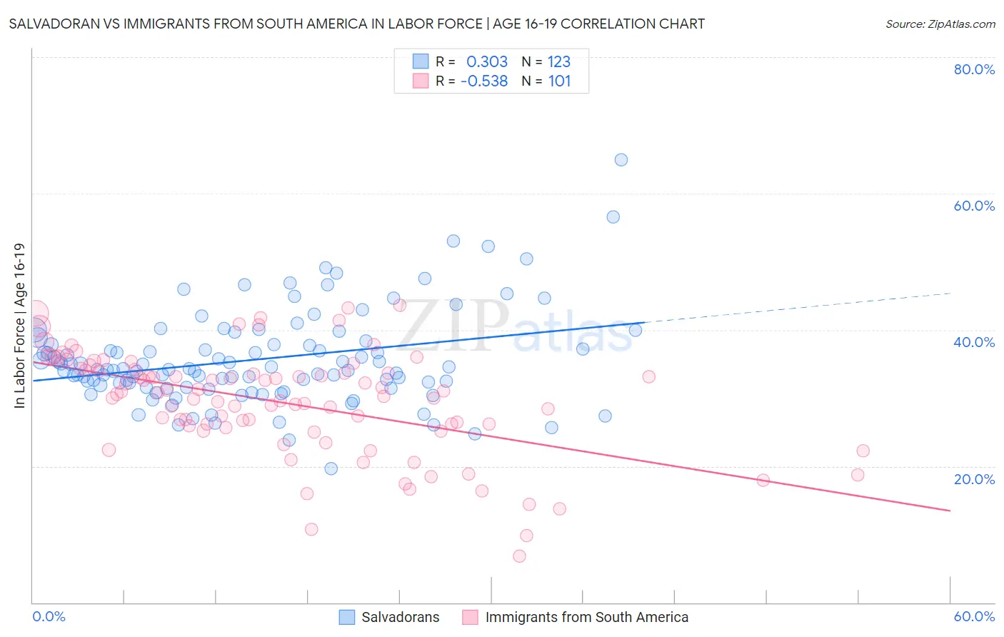 Salvadoran vs Immigrants from South America In Labor Force | Age 16-19