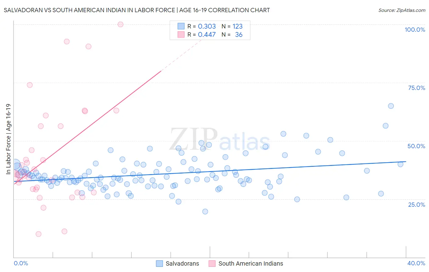 Salvadoran vs South American Indian In Labor Force | Age 16-19