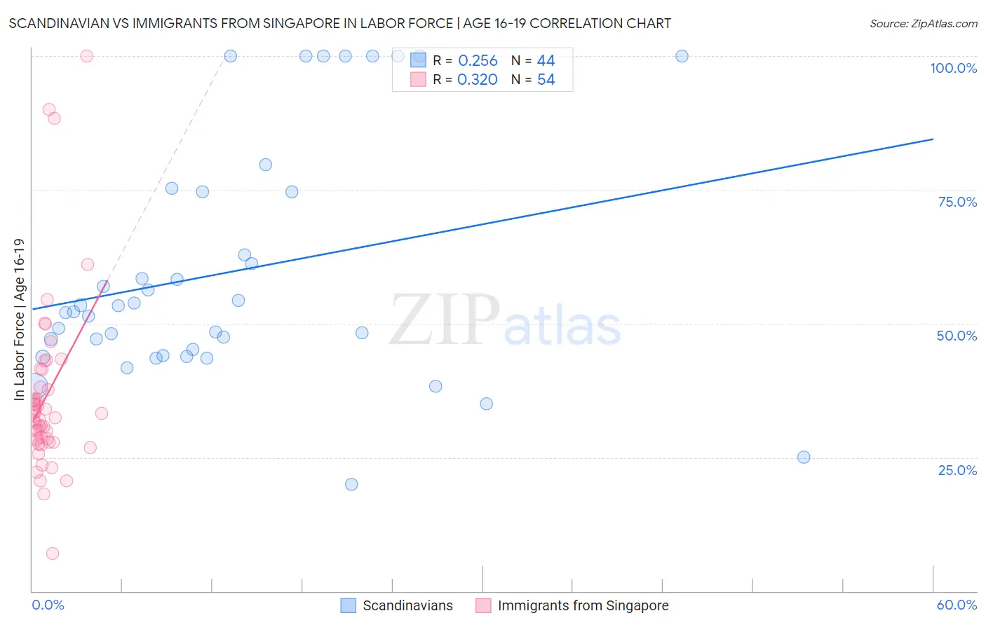 Scandinavian vs Immigrants from Singapore In Labor Force | Age 16-19