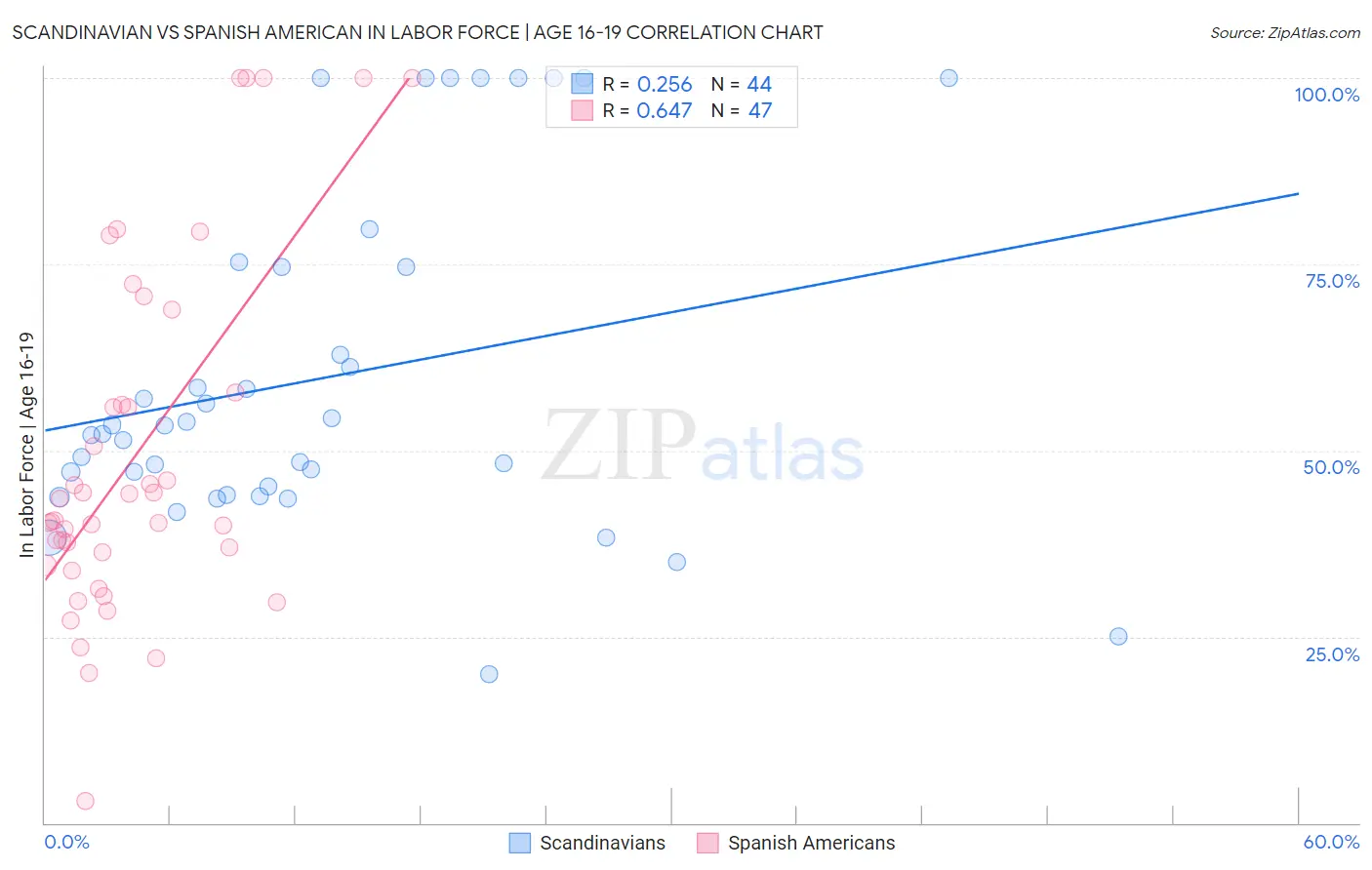 Scandinavian vs Spanish American In Labor Force | Age 16-19