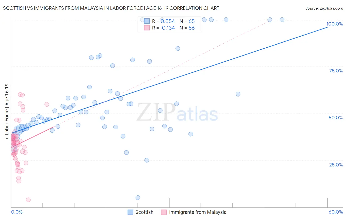 Scottish vs Immigrants from Malaysia In Labor Force | Age 16-19