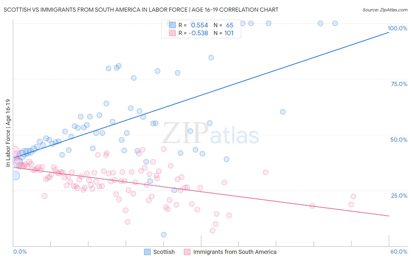 Scottish vs Immigrants from South America In Labor Force | Age 16-19