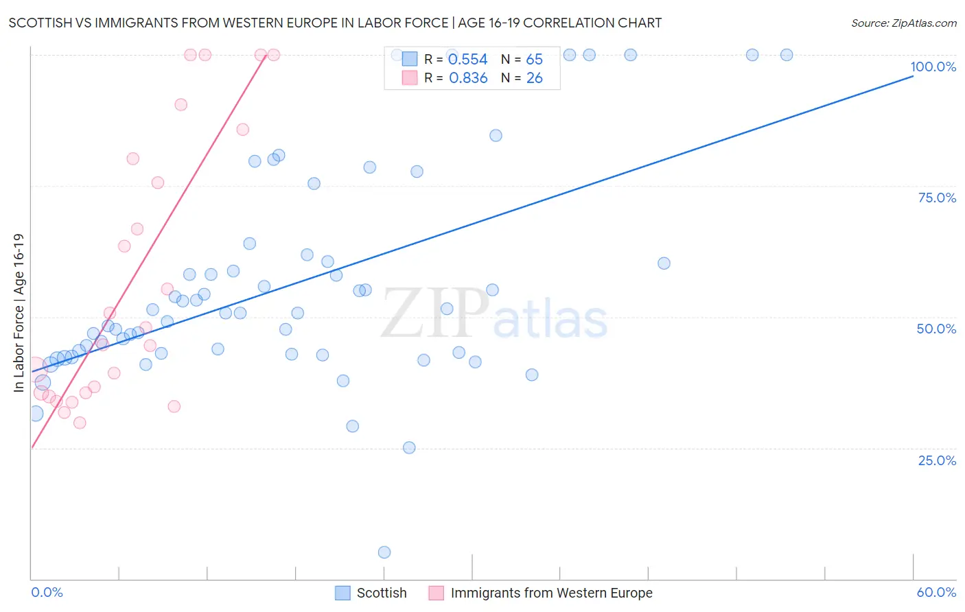 Scottish vs Immigrants from Western Europe In Labor Force | Age 16-19